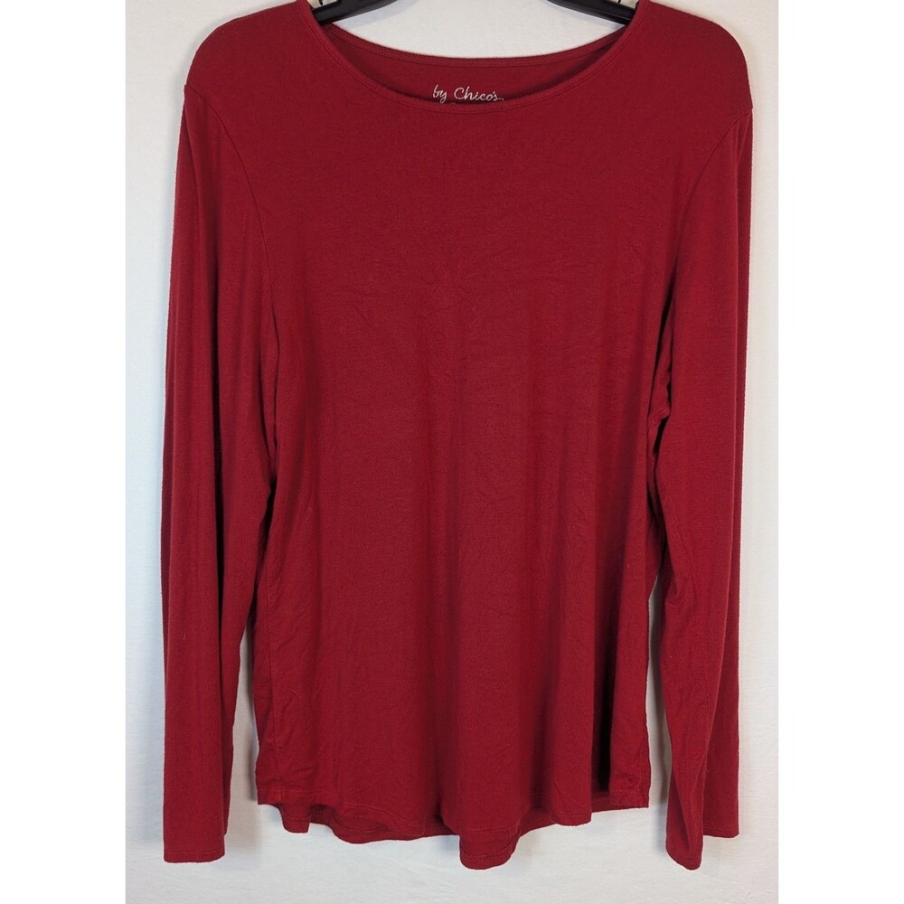 Chico's Womens Size 2 L Red Long Sleeve Boatneck Top Rayon Stretch Knit